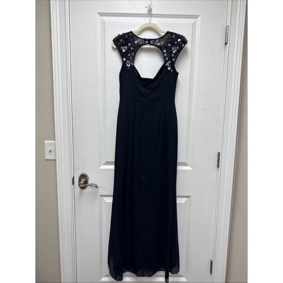 Adrianna Papell Size 2 Navy Cap-Sleeve Embellished Chiffon Mermaid Gown Dress - Picture 6 of 12